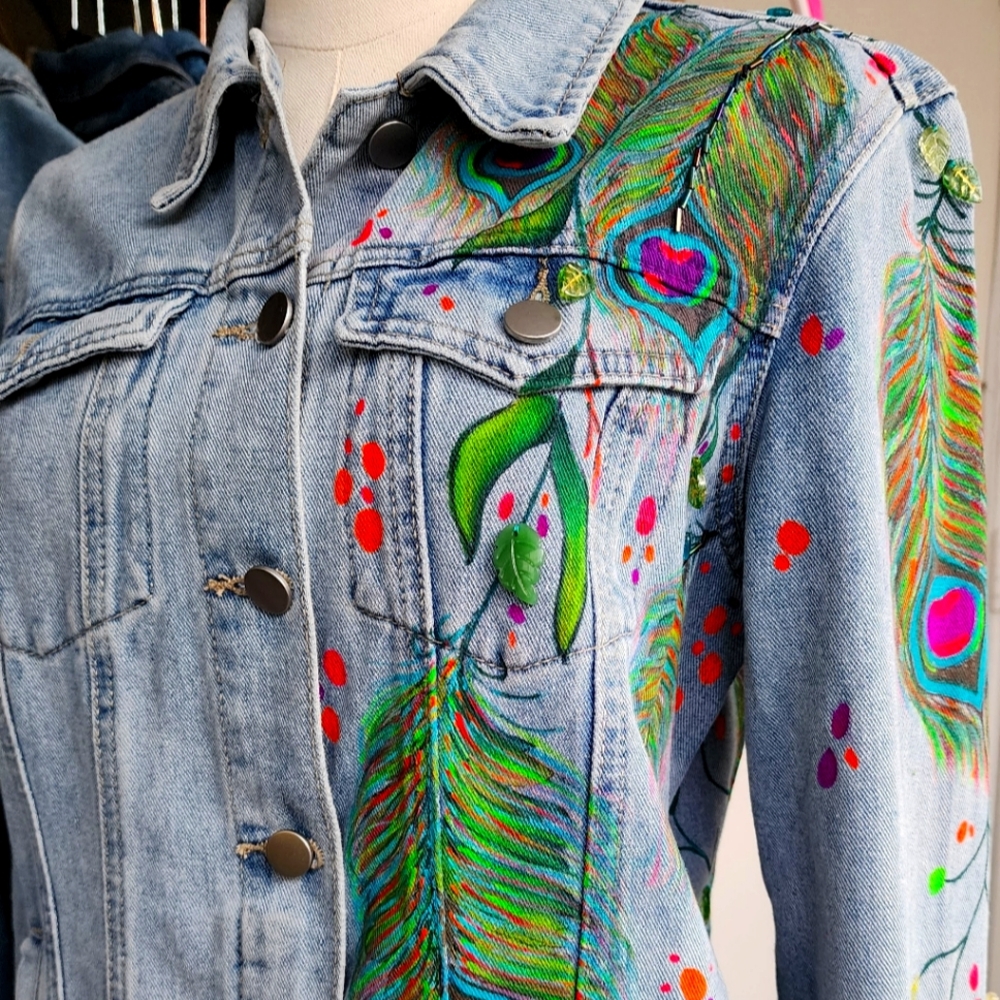 Denim Jacket Colorful Peacock Feather